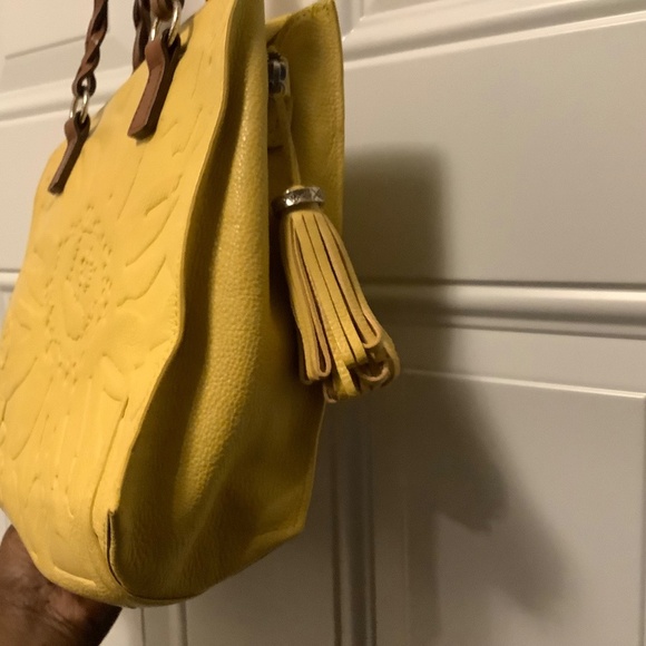 Brighton| Yellow Leather Handbag Embossed Flowers Tassels Casual Office Resort - Picture 8 of 15